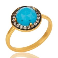 Shiny 18K Yellow Gold Plated Sterling Silver Turquoise And CZ Stackable Ring