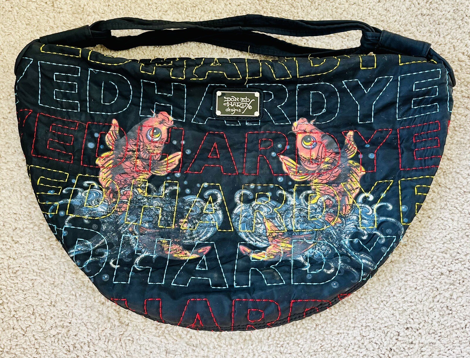Bolso Cartera de Playa Acolchado Negro Logotipo Cosido DON ED HARDY DESIGNS De Colección
