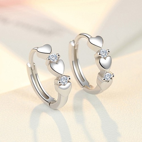 Shiny 925 Sterling Silver CZ Heart Hoop Circle Huggie Earrings Women Girl Gift
