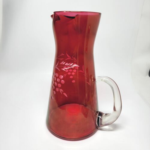 Cranberry Etched Flashed Glass Martini Pitcher Clear Applied Handle 10" Tall - Picture 2 of 15
