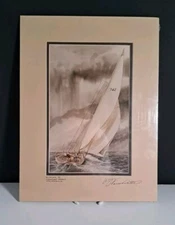 Vintage Sail Boat Kialoa II Newport Beach Signed Print William Farnsworth 8×12