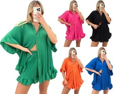 Womens Gold Button Pleated Frill Ruffle Shirt Ladies Shorts Two Piece Co-Ord Set