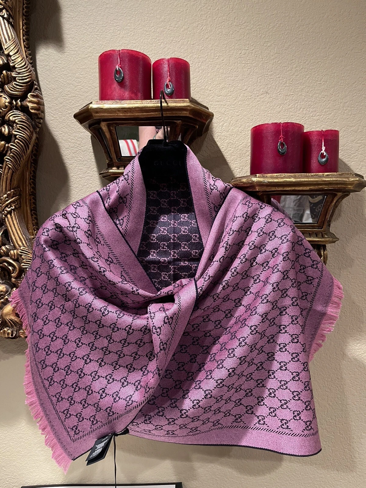 Foulard laine 100 % authentique GUCCI noir rose jacquard GG monogramme + taxe