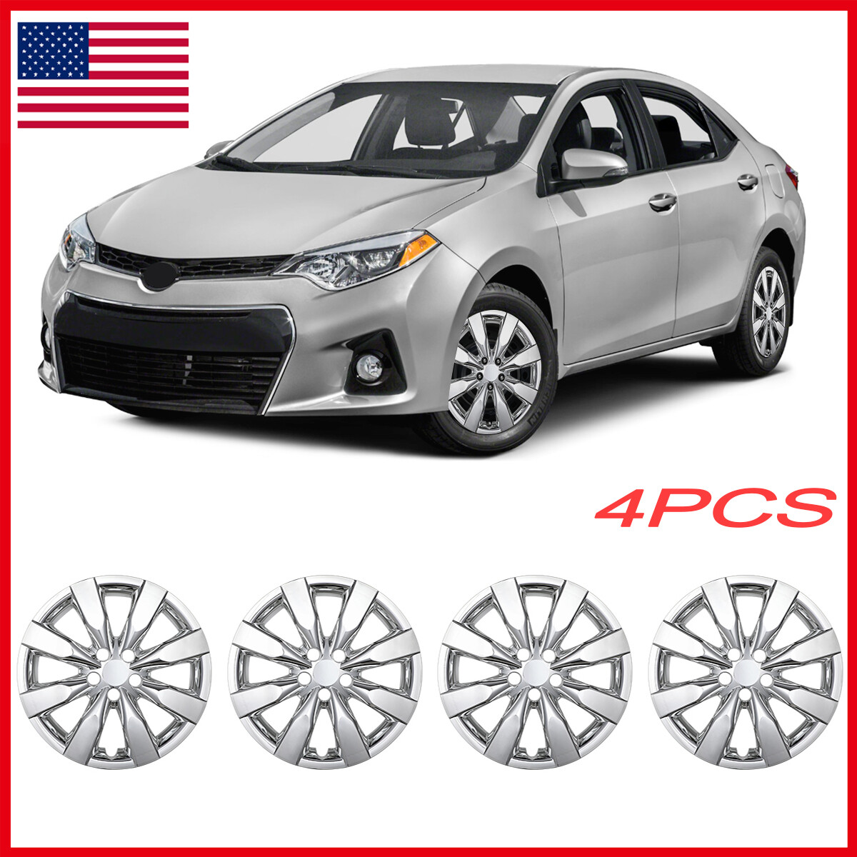 4PCS 16-Inch Chrome Snap-On Wheel Covers for 2014-2016 Toyota Corolla