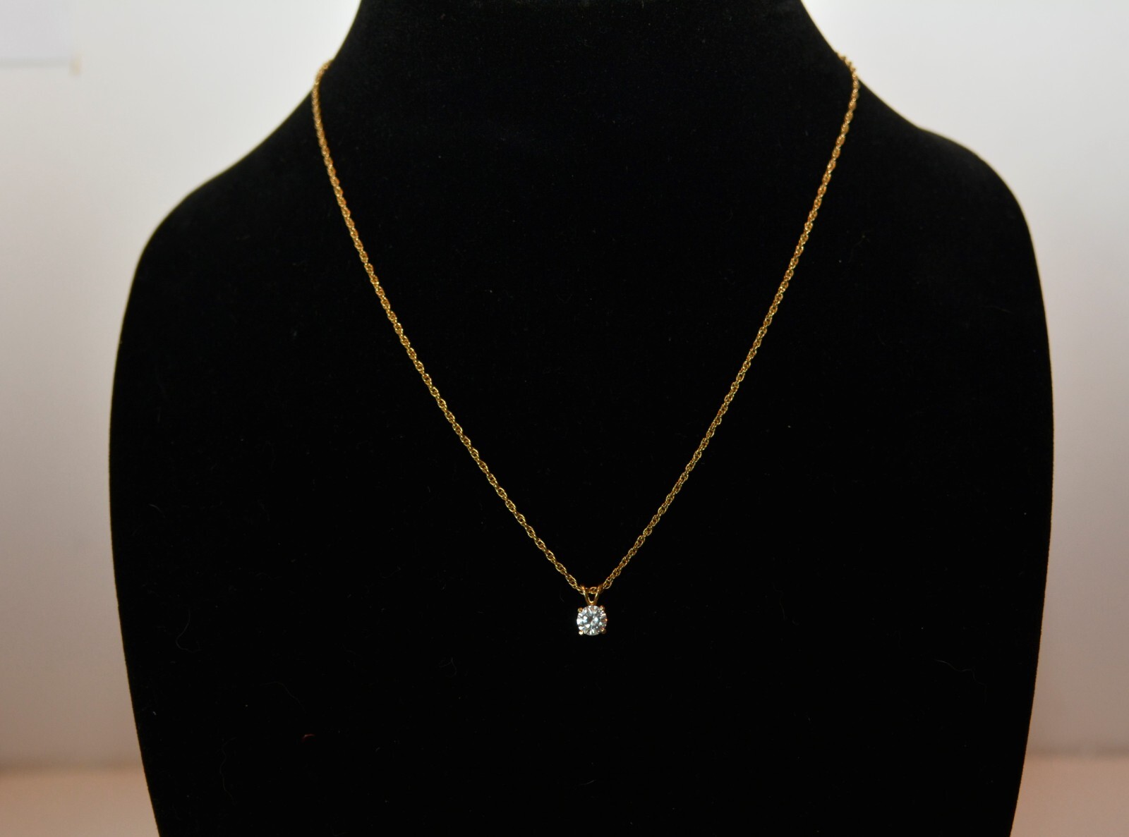 Gold Tone Solitaire Simulated Diamond Necklace. (… - image 1