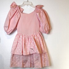 Vintage Girls Dress Pink White Polka Dot Fancy Tiered Short Sleeves Bow