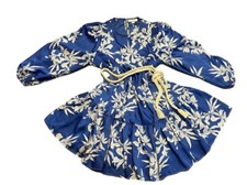 Alexis Target Floral Satin Mini Shift Dress Blue/White Tropical Tiered LS L D340