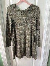 Pact Revive Organic Cotton Swing Shift Dress Pockets Green Brown Size S