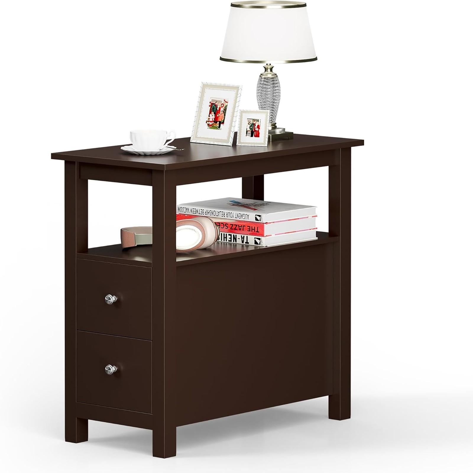 Narrow End Table Side Table with Drawer & Open Shelf Sofa Table for Living Room
