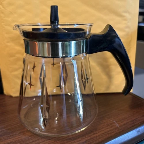 Vintage Pyrex Glass Coffee Mini Carafe Retro Gold Diamond Design Made In USA