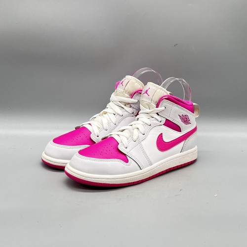 Nike Shoes Youth Girls 3 Pink White Leather Air Jordan 1 Mid Basketball Sneakers - Picture 3 of 11