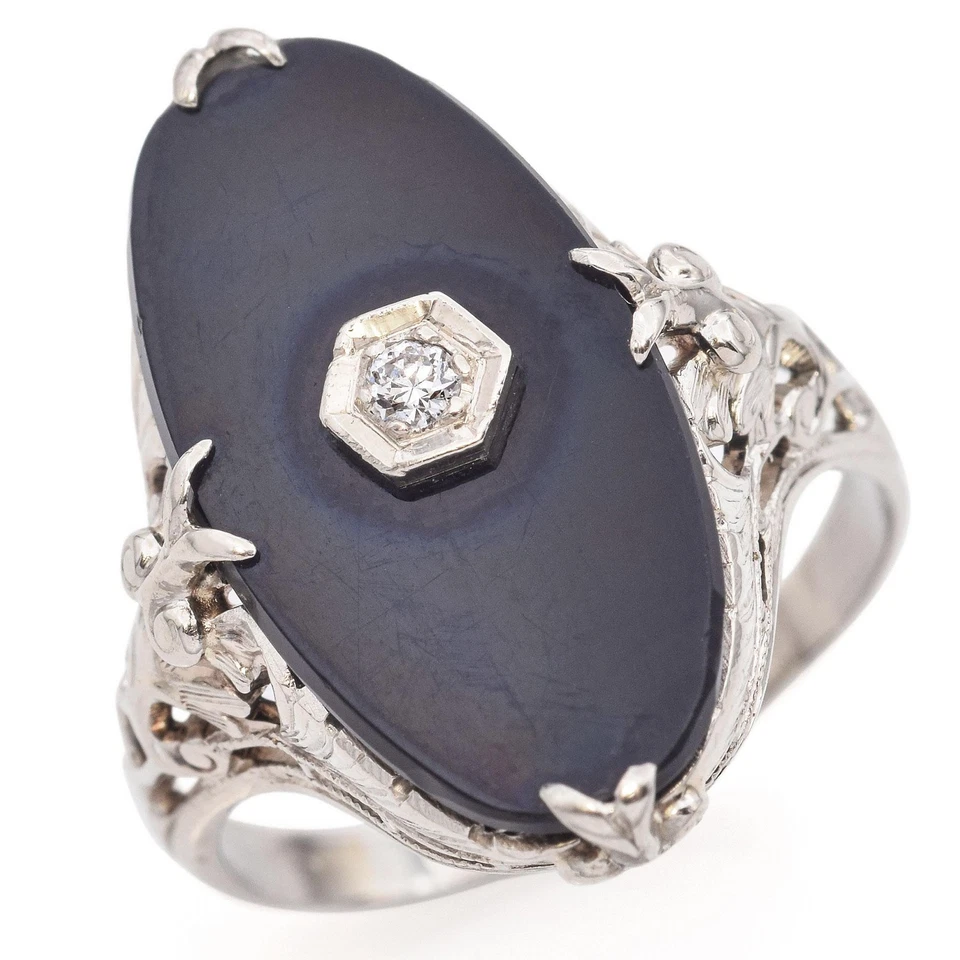 Anel de filigrana de ouro branco 14k com diamante ônix preto Art Deco - Imagem 2 de 4