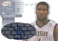 Ryan Humphrey signed Basketball Card Notre Dame 2002 SAGE Authentic Rookie #A15. rookie card picture