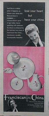 1953 Franciscan Fine China Carmel Coffeepot Cream Sugar Plates Cup vintage ad 