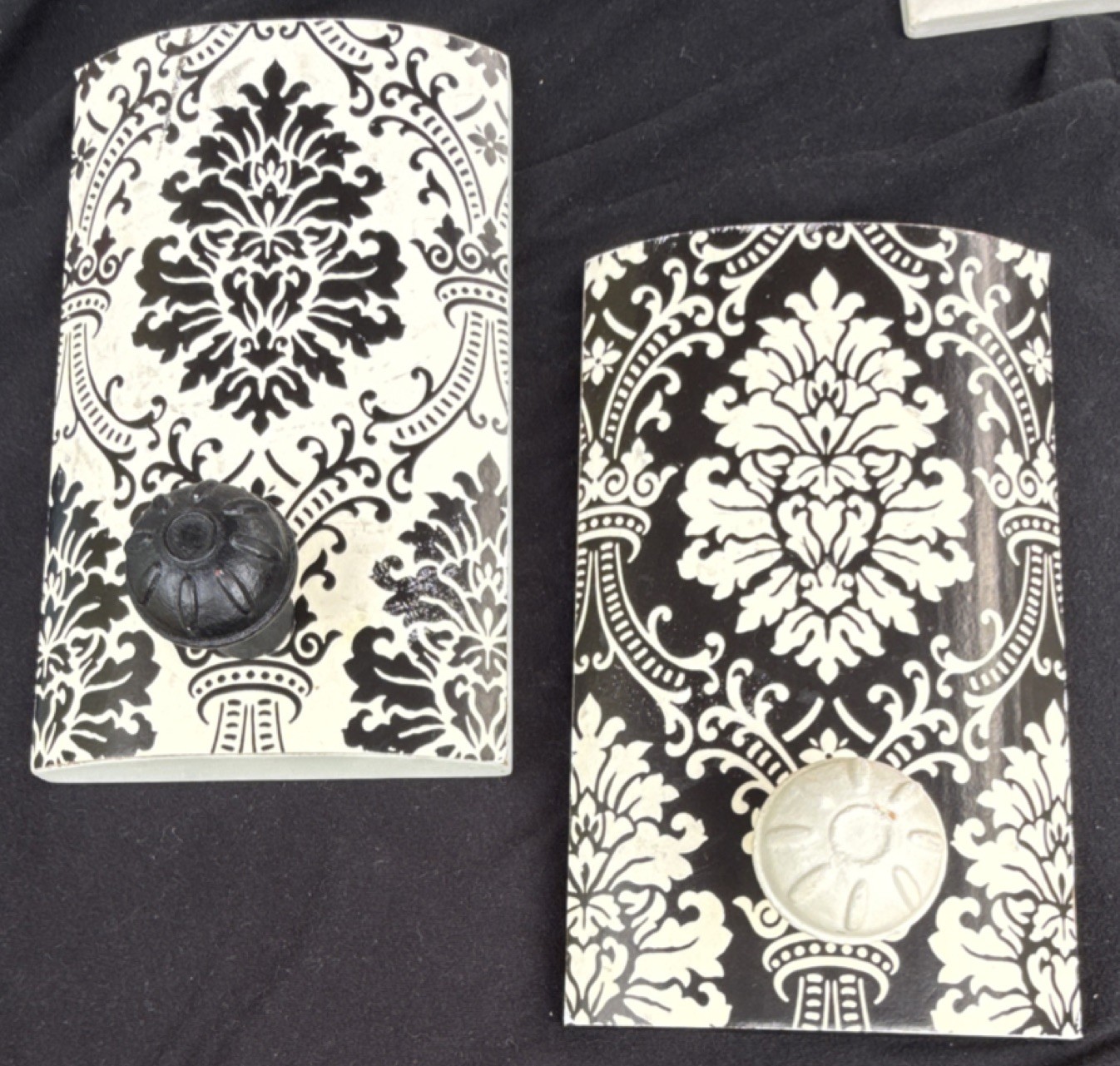 Black White Damask Vintage Wall Plaques with Knobs Set of 2  5in x 8 in