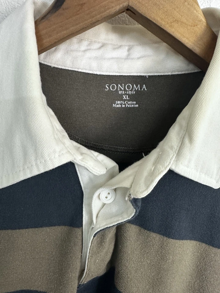 Sonoma Rugby Shirt Striped Black Brown Long Sleeve Collared Casual Top Mens XL - Image 2 of 4