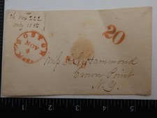 US Stampless Cover 20c Paid Boston MA 1840s Crown Point NY Wax Seal