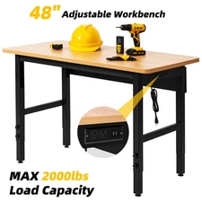 Spanspace Adjustable Workbench 48"L X 24"W Hardwood Top Worktable w/Power Outlet