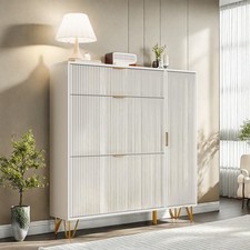 Schuhschrank mit : 3 Klappen und 1 Türen, Schuhkommode-Weiß, 110 x 24 x 118,5 cm