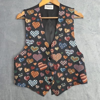 Vintage FACETS Tapestry Hearts Vest 90s Button Front Multicolor Size M
