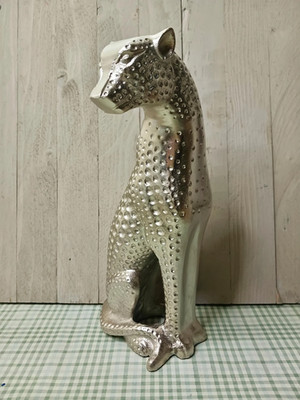 Tall silver MCM styled Cheetah Bronze Sculpture sitting big cat figurine, statue