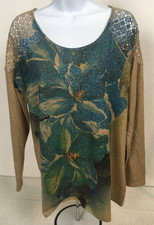 French Bazaar Top Women Size L Tan Blue Sequins Crochet Shoulders Long Sleeves