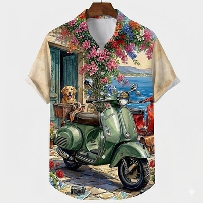Vintage Vespa Scooter Golden Dog Flower Seaside Party Tee Hawaiian Shirt