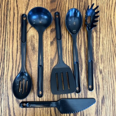 Vintage TUPPERWARE Cooking Utensil Slotted Spoon Ladle Spatula Flipper Black SET