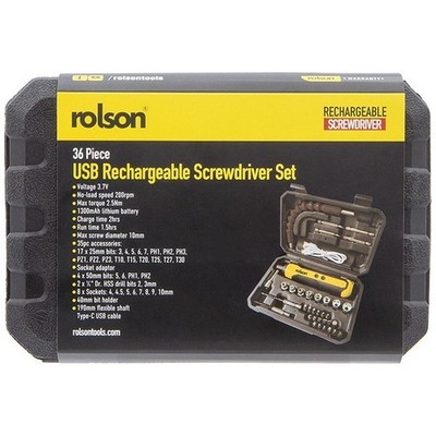 ROLSON 36-teiliges USB Akku Schraubendreher Set 3,7 V elektrisch + Bits Koffer