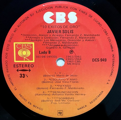 JAVIER SOLIS 10 Exitos De Oro LP Vinyl Album 1981 CBS Mexico SOMBRAS Payaso Y… - Picture 5 of 5