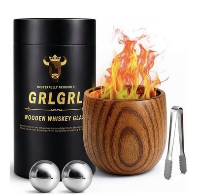 GRLGRL Jujube Wood Whiskey Glass Gift Set, 11oz, Ice Balls, Tongs, 5pc