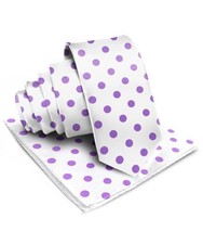 Satin Polka Dot Necktie  Pocket Square Set for Men - Matching White/Purple