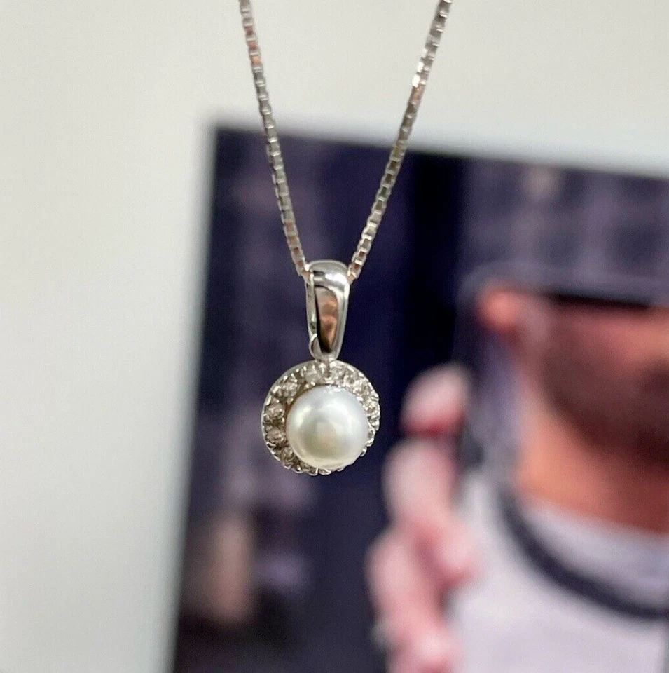 Collana oro bianco 18kt carati nuovo donna laccio ciondolo perla naturale tonda. - Immagine 2 di 4