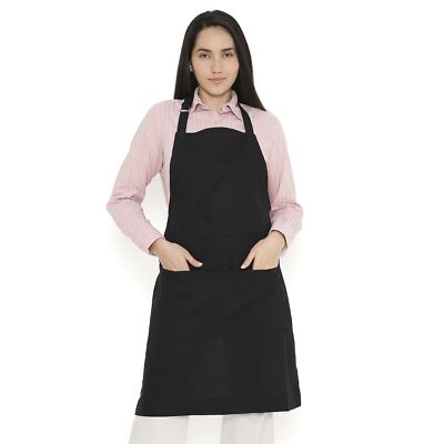 27x33'' Full Black Adjustable Kitchen Cotton Apron with Pockets Towel Holder