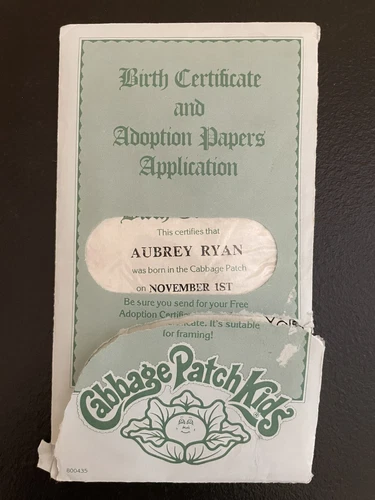 Aubrey Ryan Vintage Cabbage Patch Kids That Can Hold Things Birth Certificate