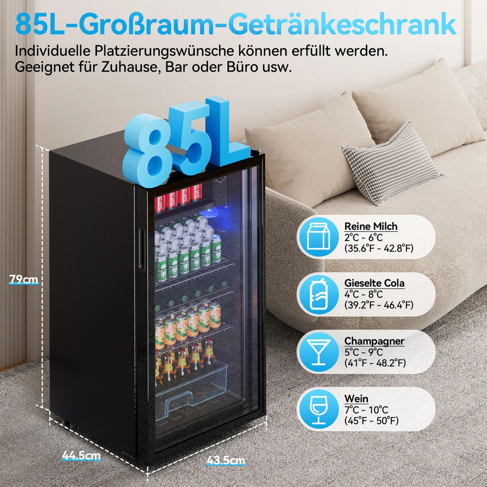 Getränkekühlschrank Flaschen Bier Minibar Glastür 85L,LED Beleuchtung,Schwarz - Bild 4 von 4