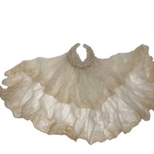 Antique Ivory Lace Christening Gauze Veil Mantilla Floral Embroidery Beaded Cap