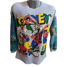 Vtg 1994 90s Looney Tunes Crew BIG Sleeve Print SUN SPORTSWEAR Waffle T-Shirt M