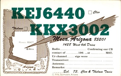1960's QSL Card From KEJ 6440 KKX 3002 Postcard Mesa, Arizona AZ Vintage