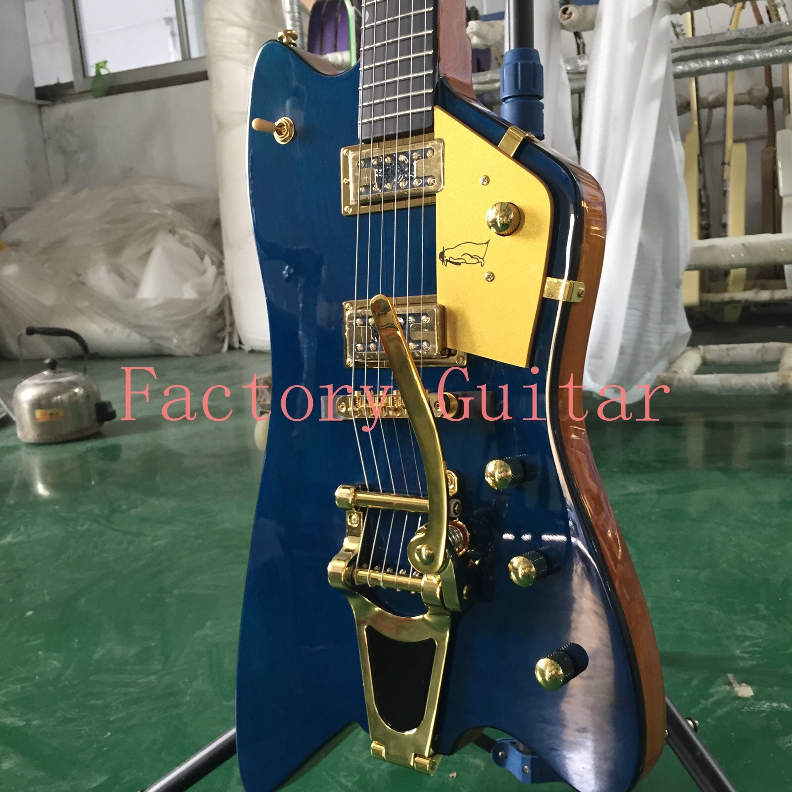 Custom Blue Electric Guitar Black Fretboard Gold Parts Jazz Tremolo
