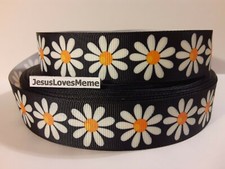 Grosgrain Ribbon Large Daisy Flowers on Black Floral Garden Field Daisies 1"
