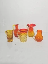 Vtg Amberina Pitcher Red Orange Hobnail Crackle Glass Creamer Syrup Lot 5 