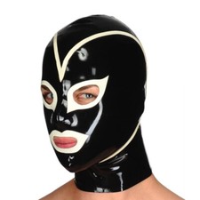 Black Latex Hood with White Brim Open Eyes and Mouth Unisex Rubber Mask