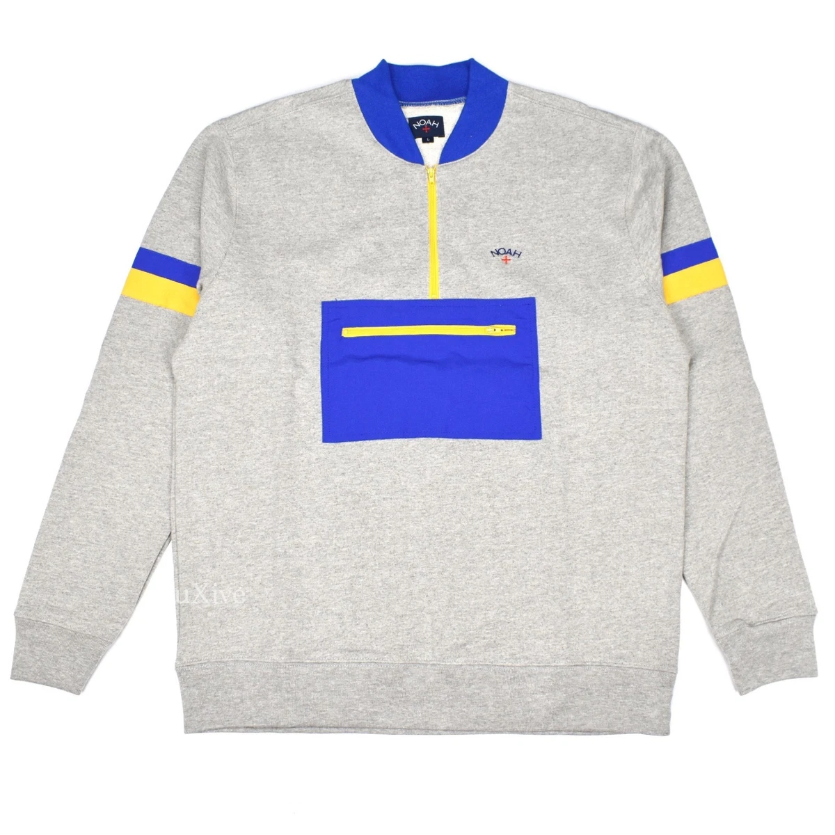 NWT Noah NY Men's Gray Blue Yellow Core Logo 1/4 Zip Sweatshirt