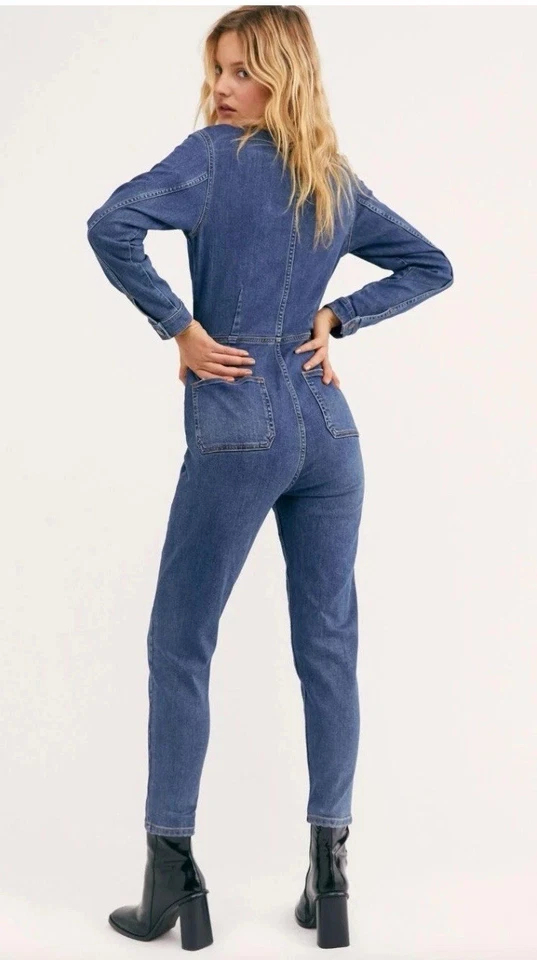 Mono Lennox FREE PEOPLE Talla Pequeña Manga Larga Cremallera Frontal Azul Denim Elástico Foto 2 de 4