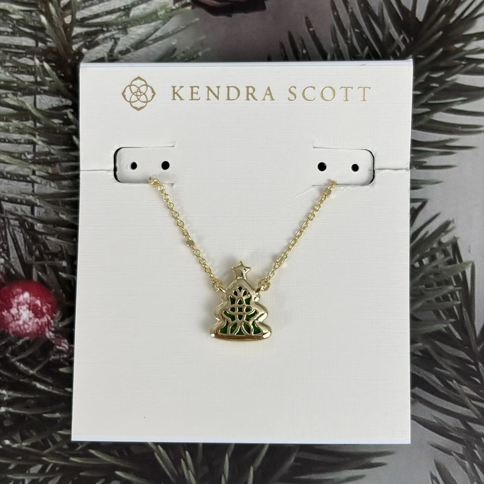 🎄Kendra Scott Árvore de Férias Colar Pingente Curto Dourado em Quartzito Verde - Imagem 2 de 4
