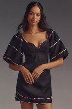 NWT Farm Rio Colored Stripes Linen Mini Dress Small Puff Sleeve Black