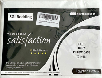 NWT SGI Bedding White 100% Egyptian Cotton 21x56 Body Pillow Cover 600 TC
