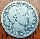 1892 O Barber Quarter VG Condition. 4 letters showing Liberty Head New Orleans