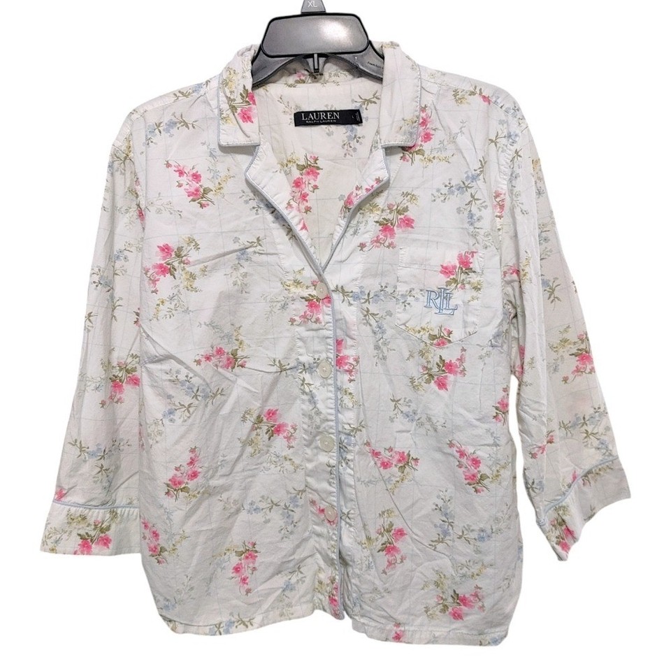 Lauren Ralph Lauren Floral Pink White Rose Button Up Pajama Set Women's ...